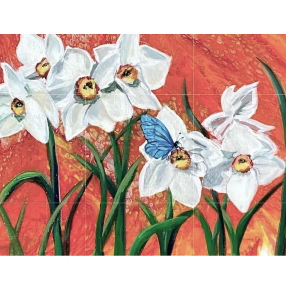 🦋Original mixed media, oil, acrylic painting of butterfly and daffodils